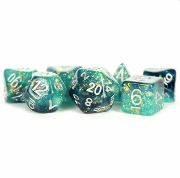 MDG: 16mm Translucent Poly Dice Set (7) - Teal-Black with Gold Foil and White Numbers