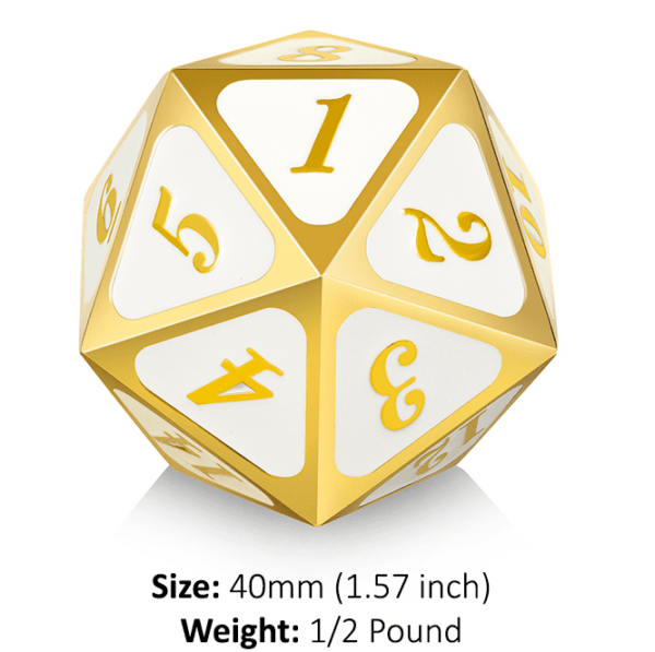 Dice Habit: 40mm Solid Metal D20 Spindown Counter - White with Gold Numbers