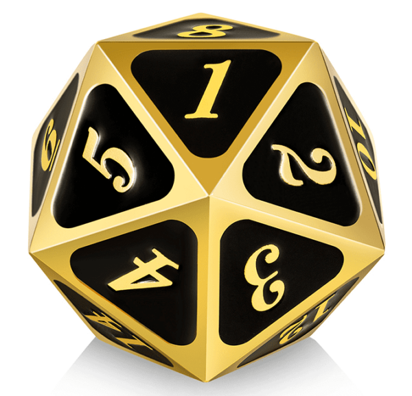 Dice Habit: 40mm Solid Metal D20 Spindown Counter - Black with Gold Numbers