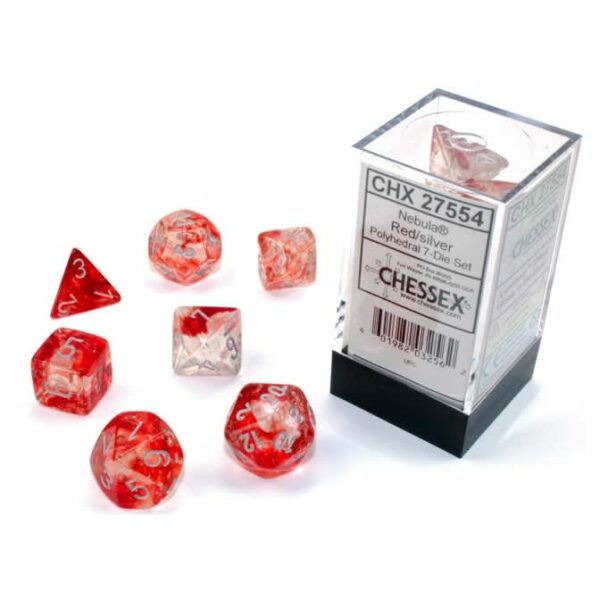 Chessex: 16mm Translucent Poly Dice Set (7) - Luminary, Red with Silver Numbers