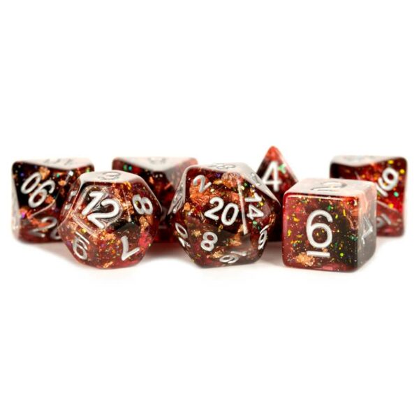 MDG: 16mm Translucent Poly Dice Set (7) - Orange-Brown with Rainbow Foil and White Numbers