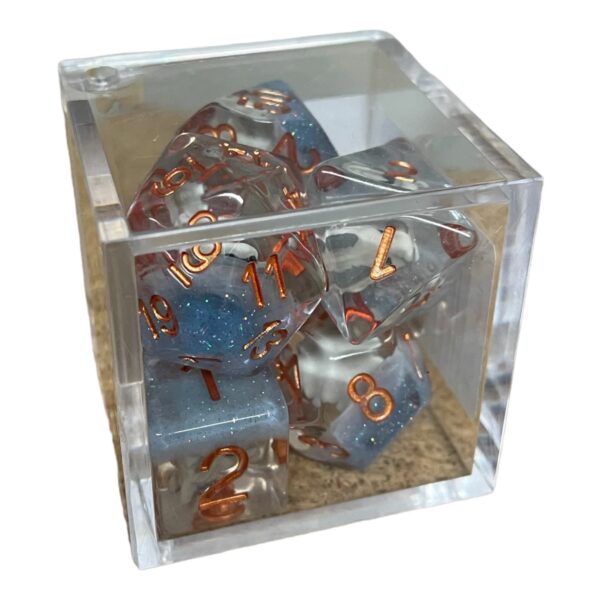 CHC: 16mm Transparent Poly Dice Set (7) - Filled, Gray Dragonhead with Orange Numbers